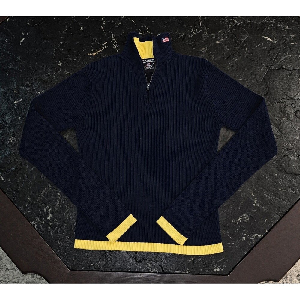 Polo Jeans Co Ralph Lauren Y2K Quarter Zip Sweater Womens M Blue Flag Logo